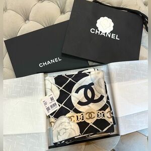 CHANEL Square Camelia Black Silk Scarf Windowpane Pattern with Flowers NWT